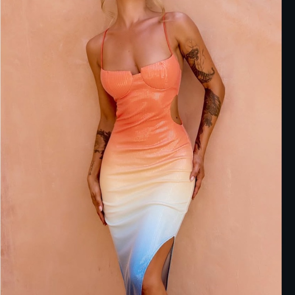 So Lively Midi Dress - Orange Multi Blue size XS NWT